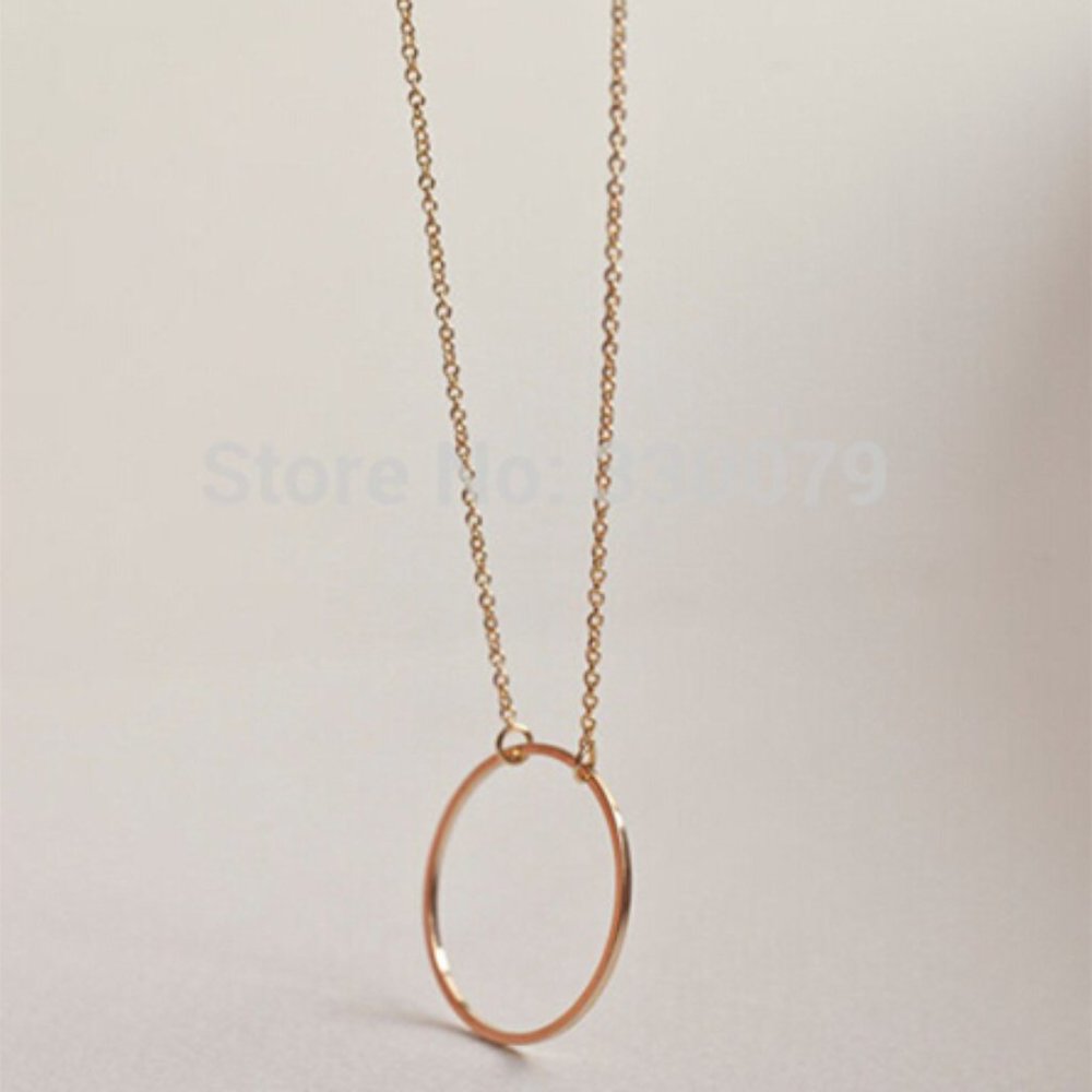 Short Trendy Gold Tone Circle Pendant Necklace - Picture 2 of 3